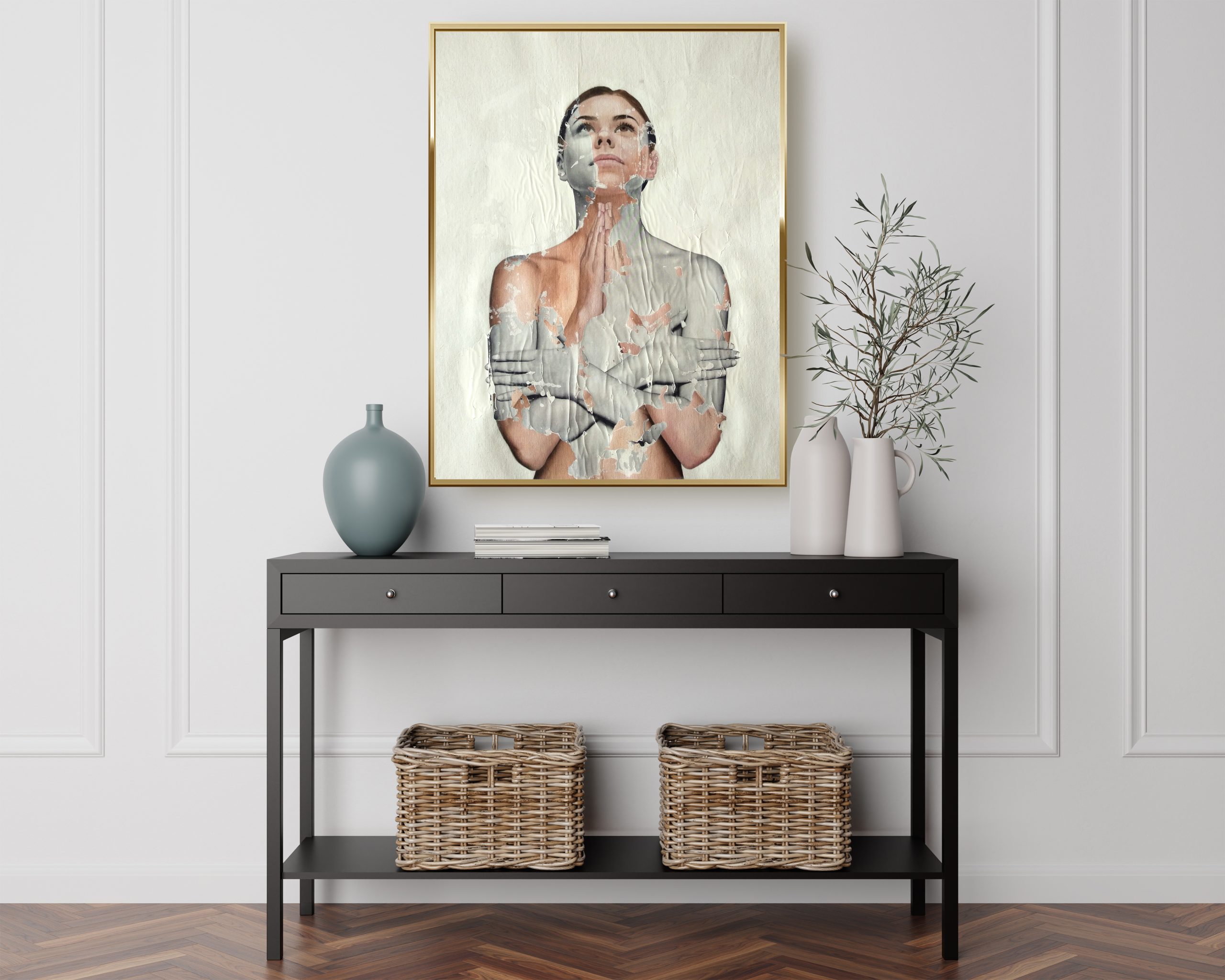 Fidem, Raúl Lara mixed media and image transfer in Neophotorealism style on Contemporary Modern Foyer Living Room Blank