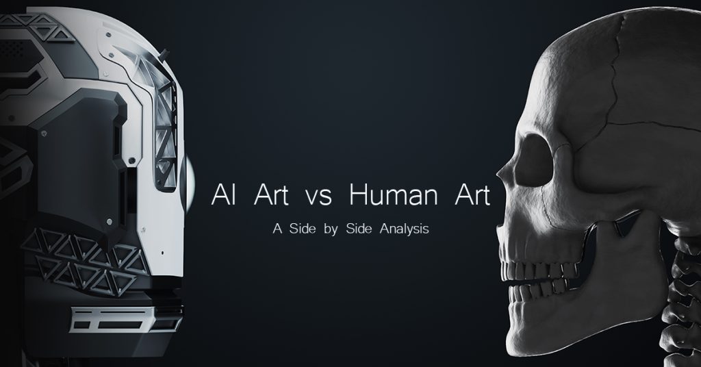 Robot vs. human, robot head against human skull. Concept Ai conflict with humanity, job cuts. 3D illustration, 3D rendering