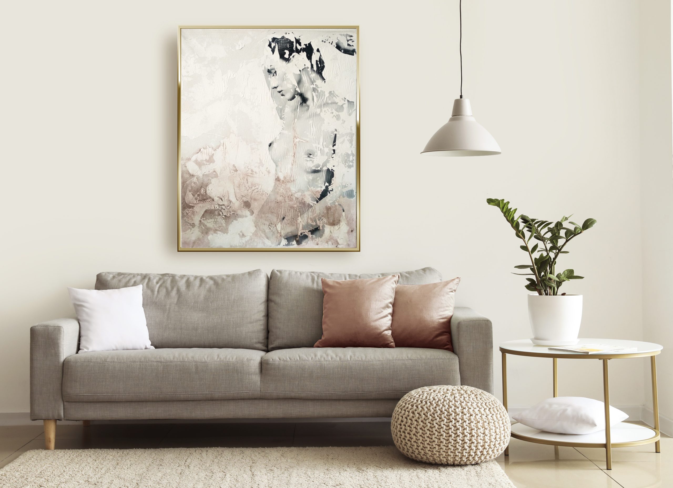 Sin titulo Raúl Lara figurative painting in Interior of modern room with comfortable sofa