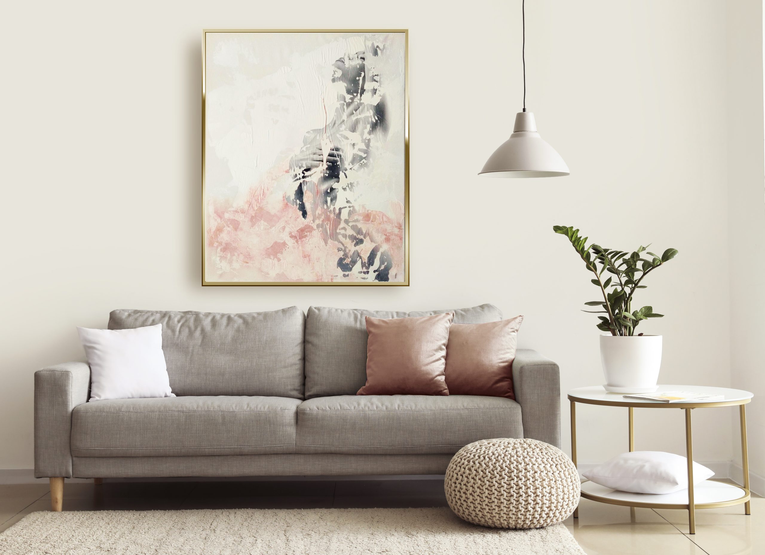 Sin titulo II Raúl Lara figurative painting displaing in Interior of modern room with comfortable sofa