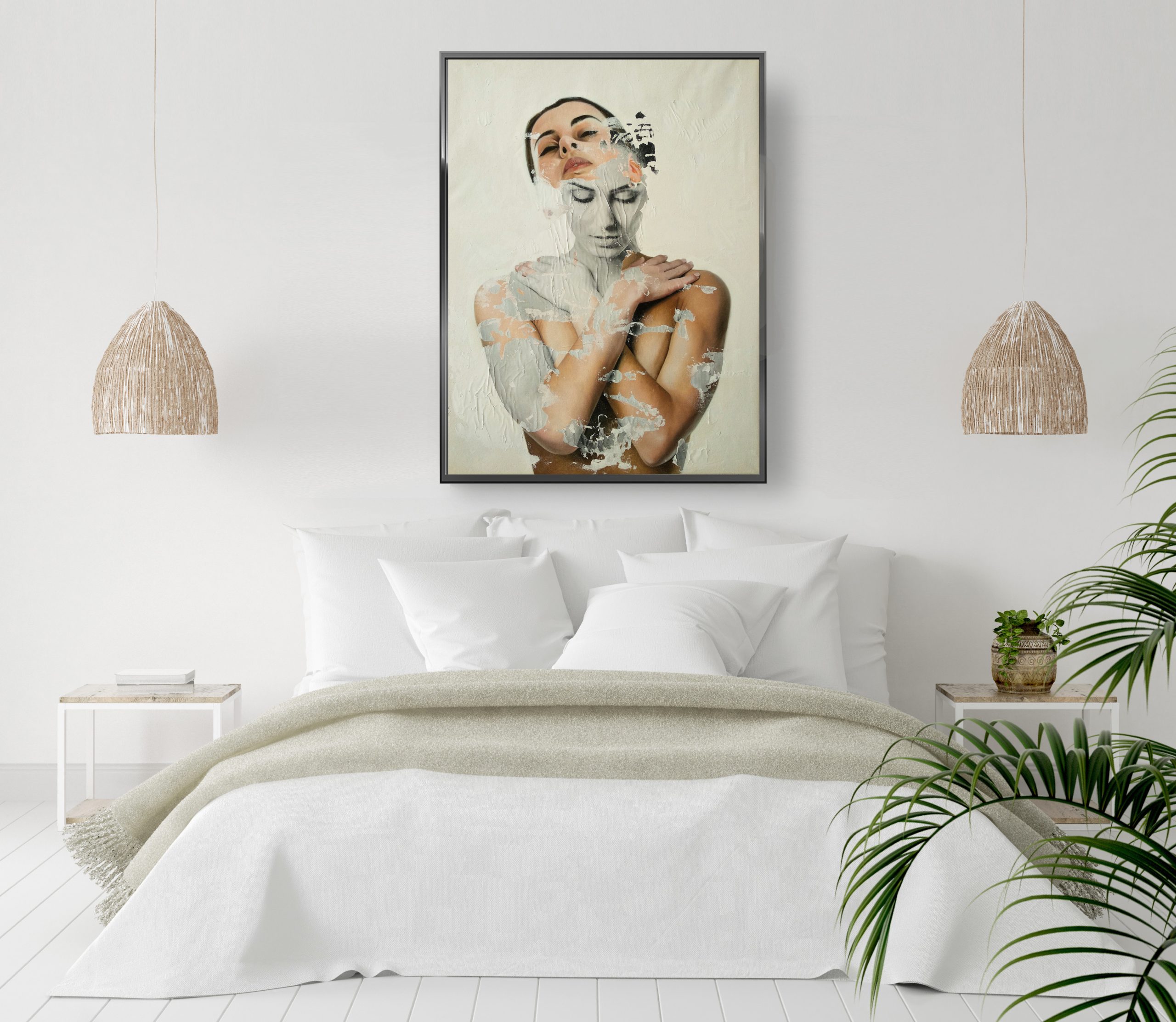 Pudicitiam, Raúl Lara mixed media and image transfer on canvas in bedroom, Scandinavian style, 3d render