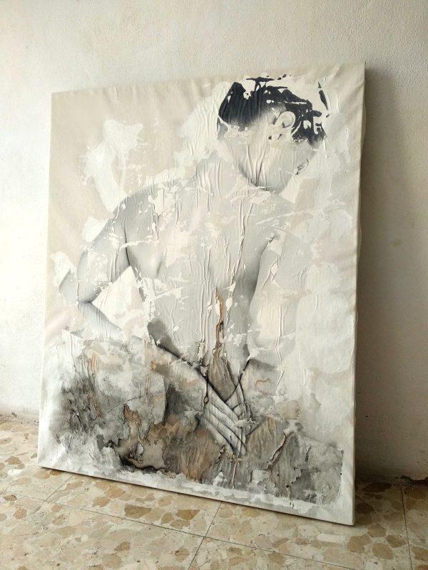 Sin Titulo V Raúl Lara image transfer painting on canvas at the studio (perspective)