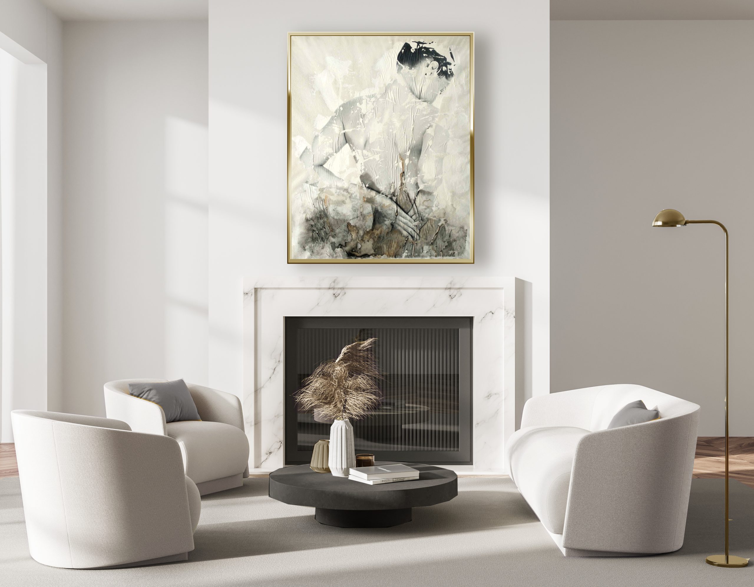 Sin Titulo V Raúl Lara artwork in Light living room interior with fireplace, two armchairs and sofa, coffee table and lamp on parquet floor with carpet. Mockup blank frame in resting guest room,