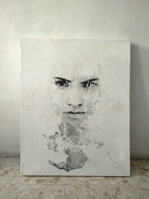 "Vultus V" Raúl Lara image transfer artwork on canvas, minimalist style framed at the studio