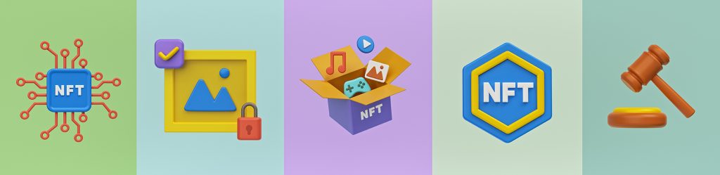 NFT or non fungible token related icons set. NFT Art Collection. 3d rendering