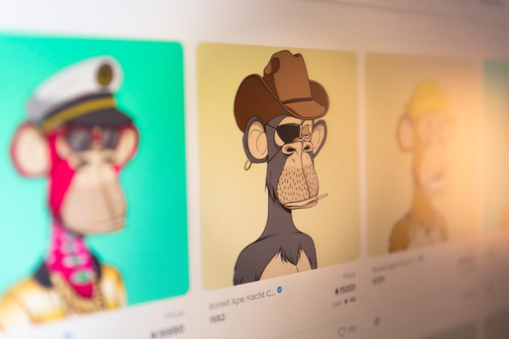 Belgrade, Serbia - March 18, 2022: The Bored Ape Yacht Club NFT (BAYC) is the most expensive NFTs Art Collection. Collection of 10,000 ape avatars. Non fungible token on blockchain