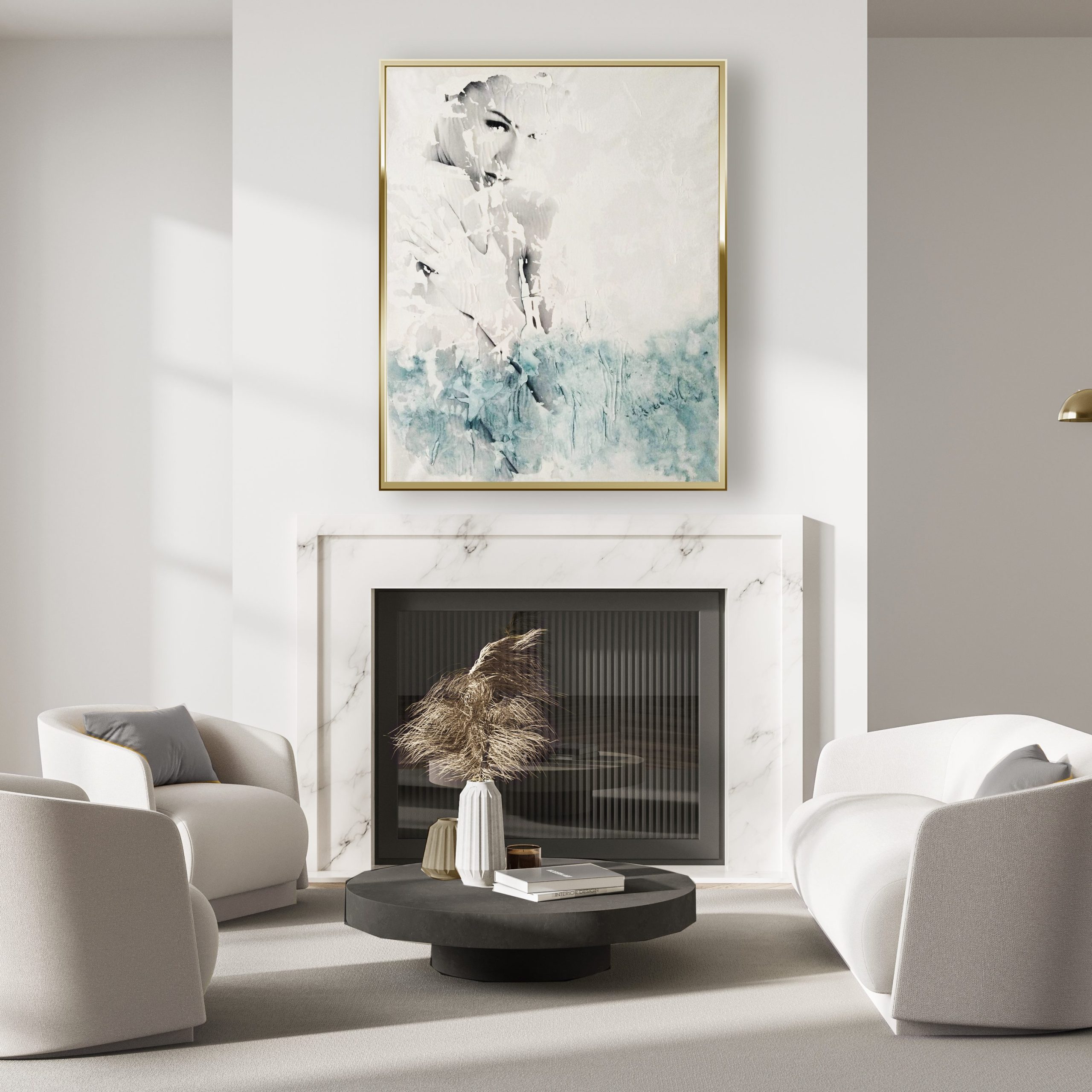 "Nuevo III" figurative painting in Light living room interior with fireplace, two armchairs and sofa, coffee table and lamp on parquet floor with carpet. Mockup blank frame in resting guest room, 3D rendering