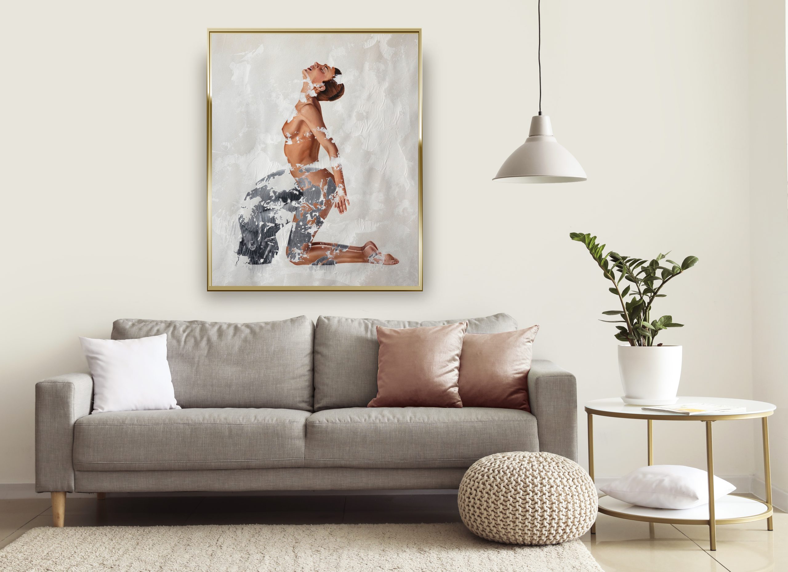 Desperandum, modern figurative artwork in Interior of modern room with comfortable sofa