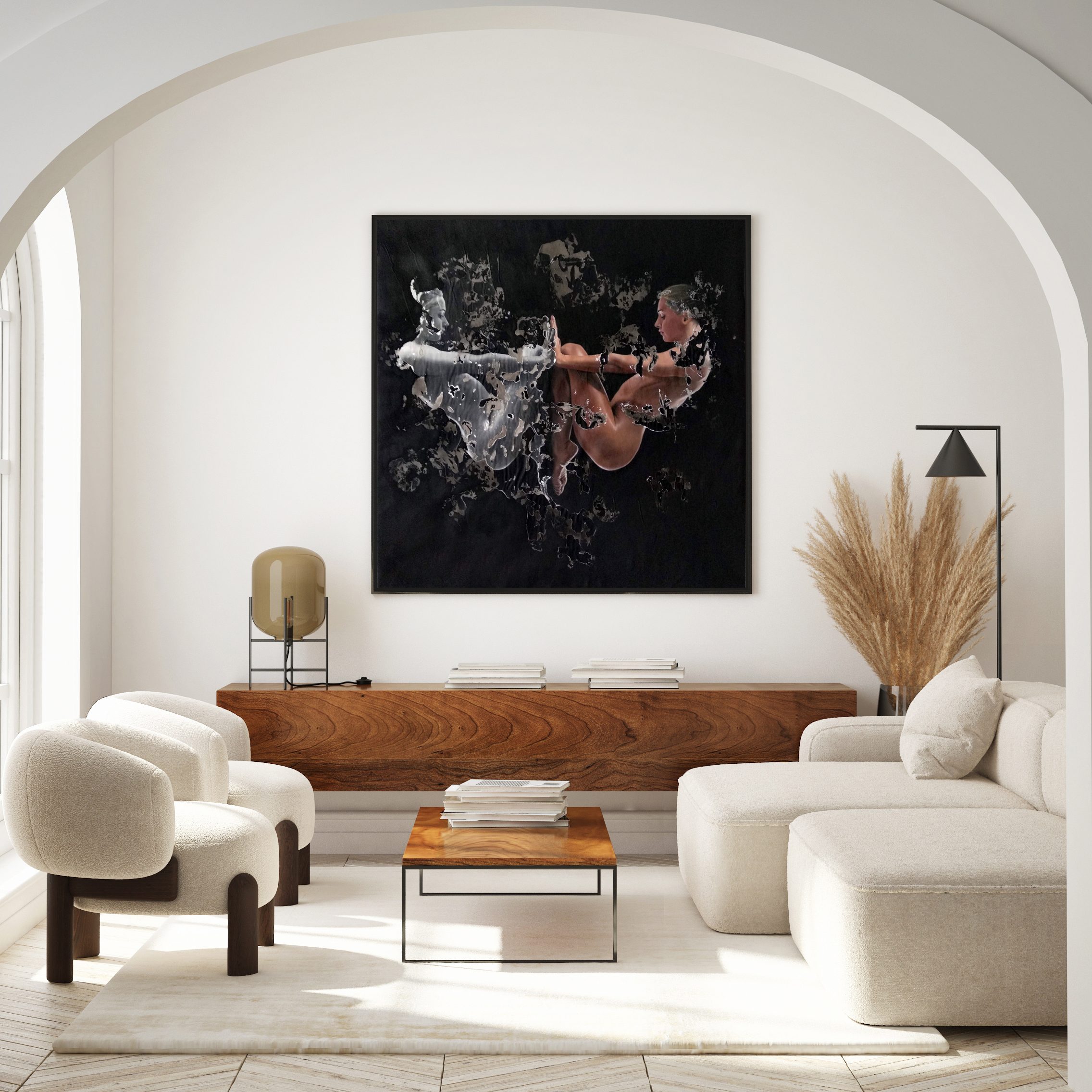 "Taedium" mixed media and image transfer artwork framed in modern interior background, modern home,