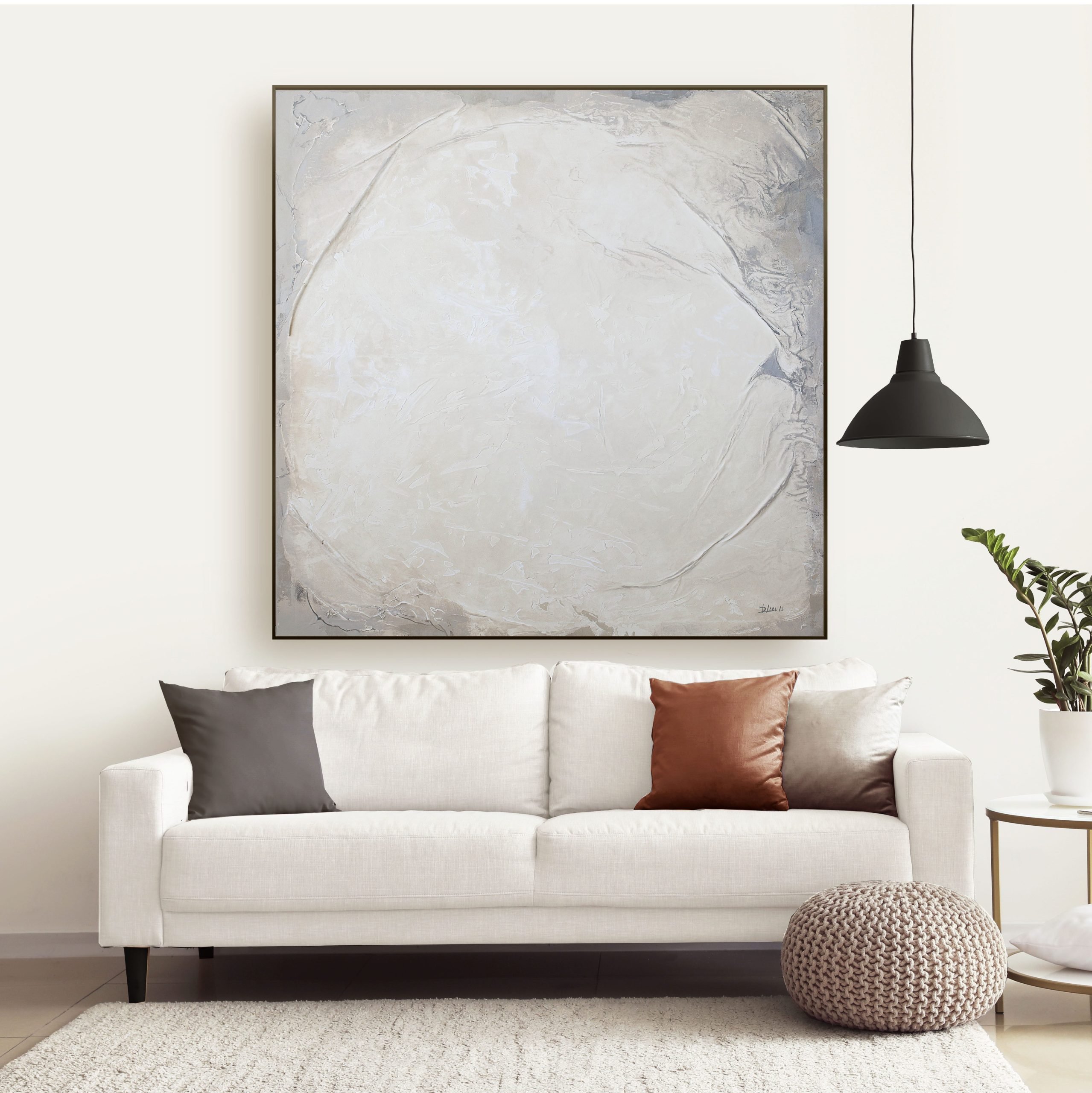 "Valle" minimalist abstract artwork 150 x 150 cms framed in Interior of modern room with comfortable sofa